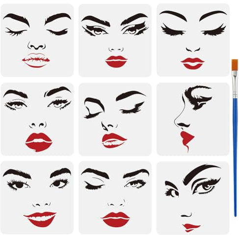 FINGERINSPIRE 9 plantillas de pintura de cara femenina con pincel de pintura de 15 x 15 cm, plantilla de dibujo de ojos, nariz y boca, expresión facial, cara de mujer, plantilla de decoración para