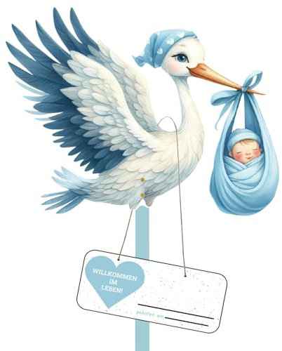 Klapperstorch Set zur Geburt Baby,83 cm hoch Babystorch,Großer niedliche Holz Klapperstorch für Baby,Beidseitig Bedruckt,Geburtsstorch inkl,Holzstab+ Namensschild Grußkarte