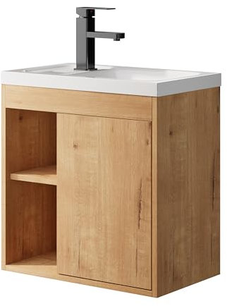 UEV Mueble de Baño con Lavabo de Resina, Mueble de Baño Suspendido con Diseño Único y Practicidad, Modelo de Madera Natural, 50,5 x 30 x 50 cm, Natural