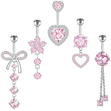 5PCS Silber Bauchnabelpiercing Chirurgenstahl Belly Piercing Bauchnabel | Schmetterling Blume Liebe Piercing Bauchnabel Banane Edelstahl 12 10 MM Hängend Bauchpiercing mit Anhänger Damen Mädchen
