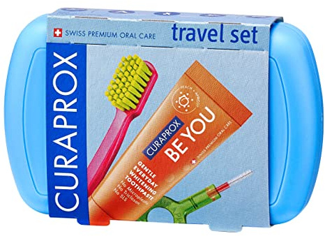Curaprox Kids Reiseset - Zahnbürste, Zahnpasta & Interdentalbürsten/Ultraweiche Curen® Filamente/Kompaktes Reiseset für Kinder (Blau) / Hergestellt in der Schweiz