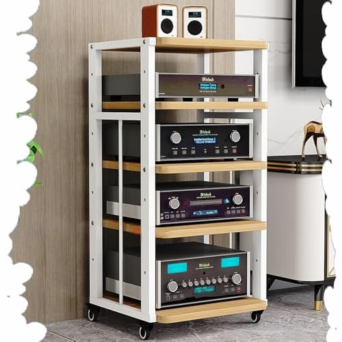 Genérico Rack Hi-Fi de 5 Niveles con Ruedas - Soporte de Madera Ajustable para Sistemas audiovisuales, Cine en casa y Oficina - Acabado en Negro con Blanco y Nogal - Ideal para amplificadores y repro