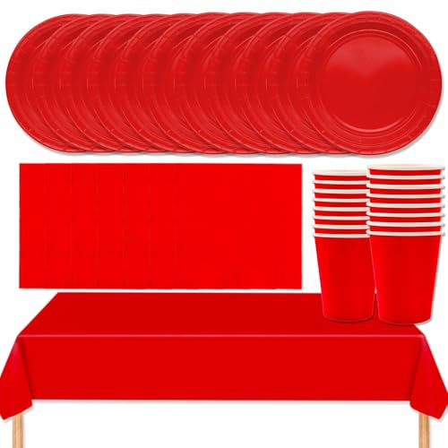 MOMAHUA 53P Party Tableware Set,Red Dinnerware Set with Plates,Tablecloth,Napkins,Cups,Solid Color Table Decorations for Birthday,Wedding,Picnic,Baby Shower,Party Supplies for 16 Guests