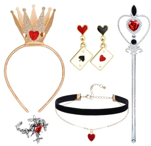 XDGBGFN Lot de 6 accessoires de reine de cœur, couronne avec baguette magique en forme de cœur, boucles d'oreilles, bague, costume de reine, pour carnaval, cosplay, soirée (6, rouge)