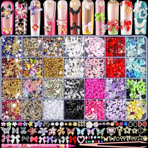 VelvetGlow 3D Nail Charms and Nail Gems, Cute Nail Rhinestones and Charms Y2K for Nails Nesign,Variety Butterfly Bow Moon Star Flower Junk Case Charms Gold Pearls Nail Jewels for Nail Art