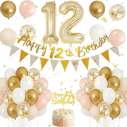 12. Geburtstag Deko Hellgold, Luftballon Deko 12. Geburtstag für Jungen und Mädchen, Metallic-Gold Beige Weiß Hautton Goldglitzer Luftballons Girlande mit Tortendeko für Geburtstagsdeko 12 Jahr