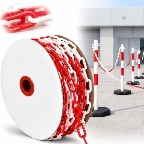 Absperrkette Rot Weiß Kunststoff 25m - 8 mm Stärke Kette für Barrieren | Leichte Warnkette für Auffahrten, Arbeitsplätze und Garagen, gut sichtbar und einfach zu montieren
