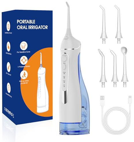 Portable IPX7 Rechargeable Water Flosser for Teeth Pick, 4 Modes 5 Jet Tips Oral Irrigator, 300ml Tank - for Braces, Sensitive Gums, Home & Travel