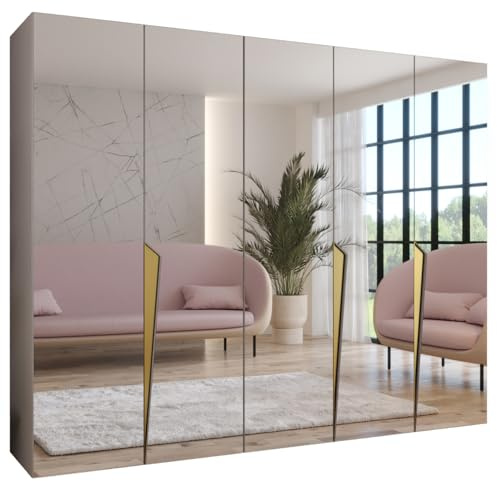 MEBLE KRYSPOL - Kleiderschrank - Garderobenschrank - 250 cm x 202 x 52 cm - Schrank mit Kleiderstange und Spiegel, 5 Türen - für Schlafzimmer, Flur - Piano, Kaschmir, Griff Gold