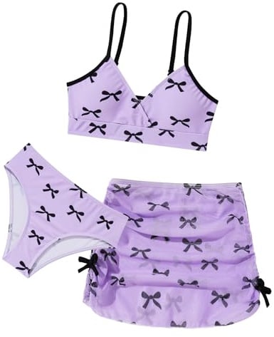 Happy Cherry Set bikini da bambina, 3 pezzi, costume da bagno con stampa con fiocco, gonna e spalline regolabili, costume da bagno per adolescenti e ragazzi da 8 a 14 anni, Viola, 13-14 Anni