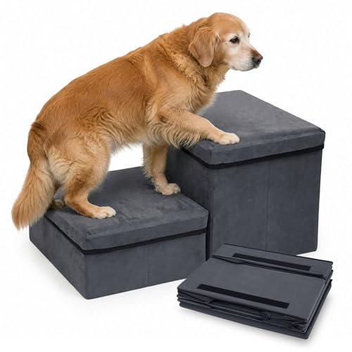 Hundetreppe mit Stauraum 2 Stufen Faltbar 60x40x30cm - Rutschfeste Haustiertreppe für Bett Und Sofa - Extra Breite Hunderampe für Kleine und Große Hunde Katzen - Stabile Dog Stairs Dunkelgrau (Grau-2)
