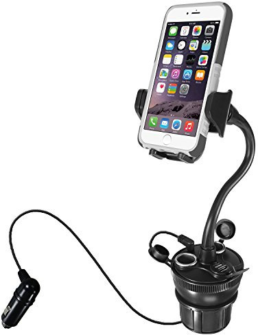 Macally MCUPPOWER 20 cm extralange einstellbare Auto-Halterung für Becherhalter mit 2 USB-Ladegeräten und 2 Zigarettenanzünderbuchsen zum Laden von Mobilgeräten