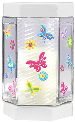 HS Candle Windlicht aus Glas, 16cm - Ø9.5cm, mit vers. Stickerbögen zum selbst bekleben (Farbe: Weiß, Sticker: Schmetterlinge 4)