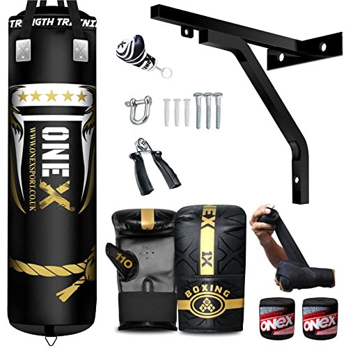 ONEX Heavy Filled 13 Piece 5ft Boxing Punch Bag Set Gloves Bracket With Straps MMA Pad Punching Kick Bag (Black, 5ft)