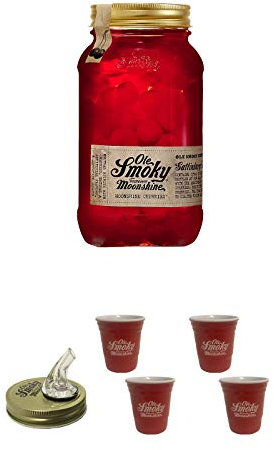 Ole Smoky Moonshine Cherries (100 proof) Kirschen im 0,5 Liter Glas + Ole Smoky Ausgiesser + Ole Smoky Shot Becher rot 2 Stück + Ole Smoky Shot Becher rot 2 Stück