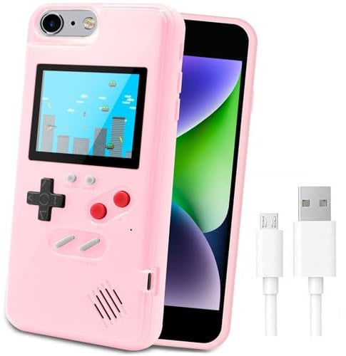 LucBuy Retro Protective Cover Self-powered Case with 36 Small Games, Full Color Display, Shockproof Video Game Case for iPhone 6/6S/7/8/SE2 - Pink