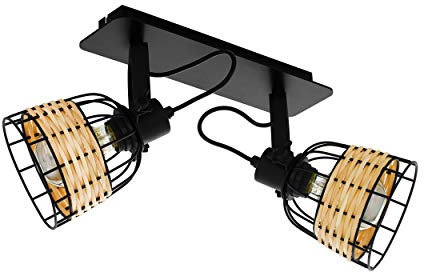 EGLO Deckenlampe Anwick 1, 2 flammige Deckenleuchte Vintage, Boho, Deckenstrahler aus Stahl und Rattan, Wohnzimmerlampe in Schwarz, Natur, Küchenlampe, Spots mit E27 Fassung