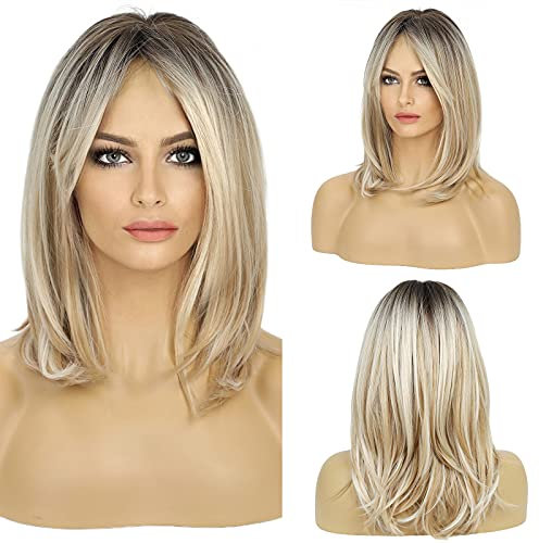 HAIRCUBE Lange Blonde Perücken für Frauen Kunsthaar Perücke mit Fransen Ombre Farbe mit Dunklen Wurzeln