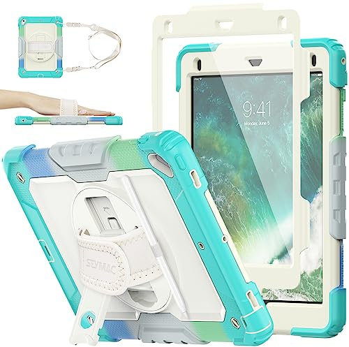SEYMAC stock Case for iPad 6th/5th Generation/Air 2 / Pro 9.7 inch, Heavy Duty Shockproof Cover with Screen Protector, 360° Rotating Stand/Hand Strap & Pencil Holder for iPad 9.7 Case, Camo+Skyblue