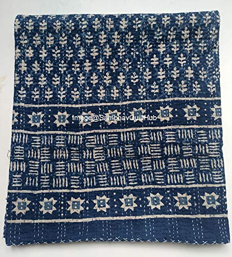 Blaue Indigo-Druck-Baumwolle, Handblock-Steppdecke, indischer Cottodspread, Kantha-Indigo-Druck, Beork, Bohemian-Bett-Dekor, Block-Überwurf, Decke, Twin/King/Queen (Twin 152,4 x 228,6 cm)