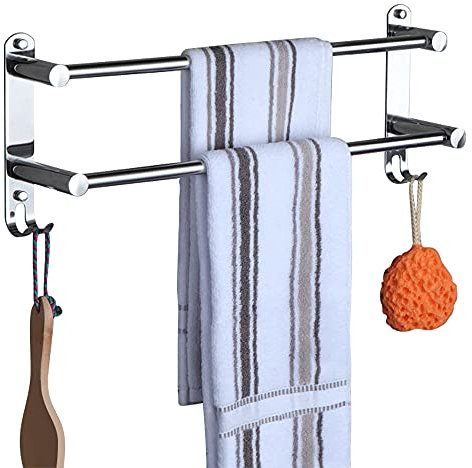 HONPHIER® Adjustable Towel Rail 2-Tier Bath Towel Rack SUS 304 Stainless Steel Towel Shelves with Hooks Wall Mounted Towel Holder Towel Bar for Kitchen Bathroom 49-90CM, Chrome
