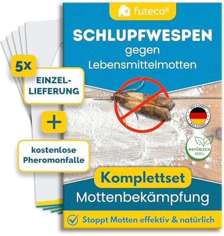 Futeco® - Schlupfwespen gegen Lebensmittelmotten - 5 Karten à 1 Lieferung + 2X Pheromonfalle - Lebensmittel Motten erfolgreich bekämpfen - Alternative zu Mottenspray, Mottenfalle