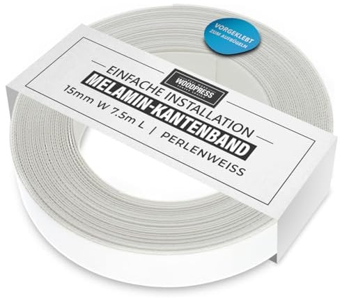 WoodPress® 15 mm Mélamine Blanc Perle Bande de Chant en Placage Préencollé – Rouleau de 7,5 m – Application à Repasser facile à faire soi-même, couvre le bord d'un panneau MDF standard