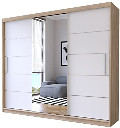 Fabryka Mebli Idźczak Kleiderschrank mit Spiegel, Schiebetüren - Weiß, Sonoma Schwebetürenschrank, Schlafzimmerschrank - 61 x 250 x 218 cm - Schrank für Schlafzimmer, Wohnzimmer, Garderobe