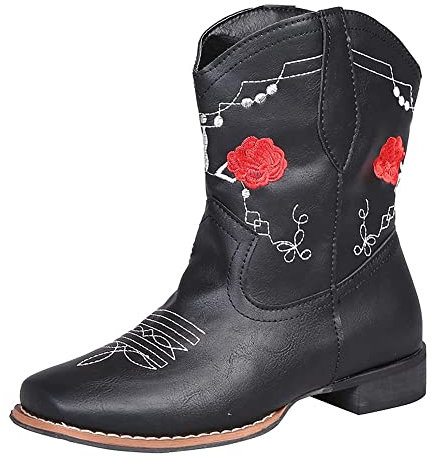 HOTRA Stivali Texani Donna Pelle Stivali Western a metà Polpaccio da Cowboy Stivali con Fiori di Rosa Ricamati a Mano Scarpe con Punta Quadrata e Tacco Spesso (Color : Nero, Size : 35 EU)