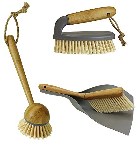 JVL Bamboo Cleaning Essentials, Dustpan and Brush, Scrubbing Brush and Dish Brush