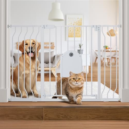COMOMY Treppenschutzgitter/Türschutzgitter Ohne Bohren, 75-123cm Automatisch Schließendes Hundegitter mit Katzentür, Stabile Baby Schutzgitter/treppengitter, Ideal für Kinder und Haustiere, Weiß