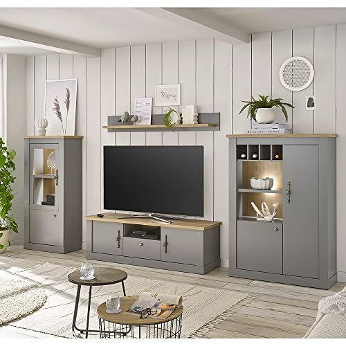 Lomadox Wohnwand im Landhaus Stil in grau mit Artisan Eiche, inkl. LED Beleuchtung, B/H/T ca. 356/160/44 cm