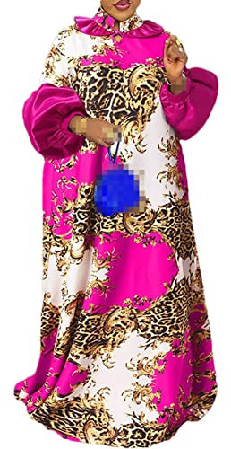 Damen Bohemian Satin Ballon Ärmel Printed Party Robe Kleid, rose, X-Large