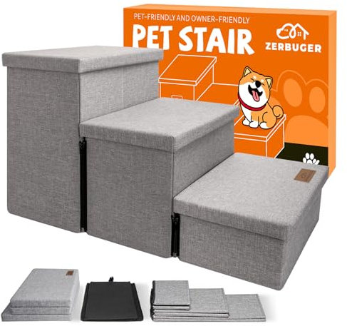 Dog Stairs, Dog Steps for High Beds, Foldable Pet Stairs for Small Medium or Large Dogs Puppy with Storage for Bed and Couch, Cat Dog Ramp Hold Up to 150 lbs (Smok Gray, 3 Steps no Condo)