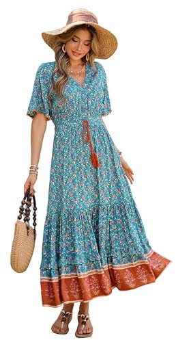 R.Vivimos Women's Summer Boho V Neck Button Up Short Sleeve Bohemian Print Ruffle Hem Beach Style Long Maxi Dress Vacation Dress(Small,Teal-Floral)