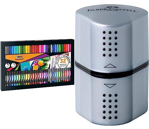 BIC Intensity Fineliner Set, Filzstifte mit 32 Stiften, mit feiner & mittlerer Spitze, für Bullet Journal & Mandala & Faber-Castell 183800 - Dosenspitzer Grip