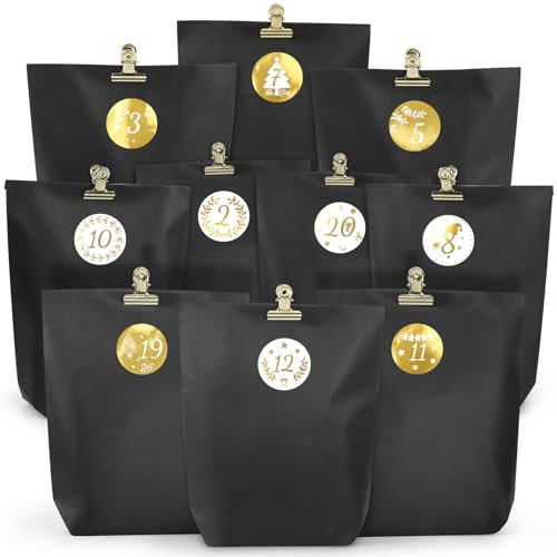 2024 Adventskalender zum Befüllen, 24 DIY Adventskalender Selber Befüllen, Weihnachtskalender zum Befüllen, Adventskalender Tüten mit Aufkleber und Metallklammern für Kinder und Erwachsene - Schwarz