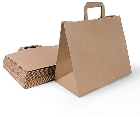 Inoverse Lot de 250 Sacs en Papier Kraft avec Anses, 32 x 22 x 25 cm, Grands Sacs en Papier Recyclables et Résistants pour Courses, pour Le Shopping, Boutiques et Cadeaux, Marron