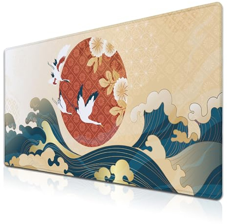 Samgula Gaming-Mauspad, japanische große Welle, blaue Schreibtischunterlage, große Mauspads, Büro-Schreibtischunterlagen, Mausmatte, rutschfeste Gummiunterseite, wasserdicht mit genähten Kanten, 35,4