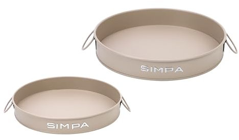 simpa Round 2PC Metal Colour Serving Trays Set with Handles, 30cm & 25cm Diameter Trays - Matt Mushroom