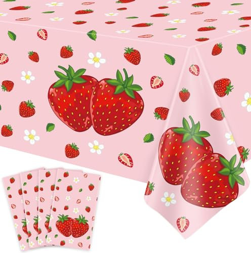 FVEOCR 4 Stück rosa Erdbeer Tischdecke Erdbeer Geburtstagsdeko Beeren Süße Tischdecken für Erdbeer Party Dekoration Beeren-Süße Baby Shower Party Zubehör 130x220CM