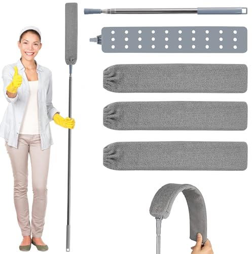 Ausziehbare Staub-Reinigungsbürste, Einziehbarer Spalt-Staubreiniger Flach, Waschbar, 2.5M Edelstahl Staubwedel Teleskop Stange mit 3 Mikrofasern Staubwischer, für Schlafsofa Möbelboden Staub