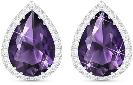 Linawe Purple Silver Earrings Studs, Imitation Diamond Stud Earrings Amethyst Cubic Zirconia Teardrop Rhinestone Crystal Piercing Jewellery White Gold, Wedding Brial Bridesmaid Earring Set