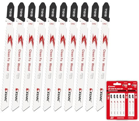 EZARC 10tlg Stichsägeblätter T101B für sauberes Holzschneiden, 10TPI T-Schaft Stichsägeblatt Set aus CRV, gebogenes und gewelltes Schneiden