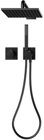 KEUCO IXMO Duschsystem mit Thermostat, Hand- & Kopfbrause, eckig, schwarz | Made in Germany, mit Brauseschlauch und Umstellventil, inkl. Unterputz-Grundkörper und Befestigungsmaterial
