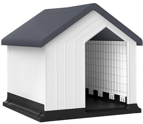 PawHut Hundehütte Outdoor Hundehaus mit Asphaltdach, Fenster, Wetterfest Kleintierhaus, Hundehöhle für Mini und kleine Hunde Grau 62 x 61 x 60 cm