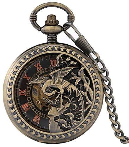 YIHANSS Taschenuhr im Retro-Stil mit Phönix-Schnitzerei, ausgehöhlter Deckel, doppeltes offenes Gehäuse, mechanischer Handaufzug, FOB-Kettenuhr für Männer und Frauen