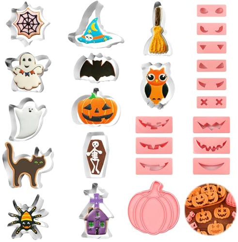 KATIMI 25 Piezas Moldes Galletas Halloween 3D, Molde Galletas Halloween de Acero Inoxidable y Plástico, Moldes Calabaza Fantasma Ataud para Reposteria Fondant