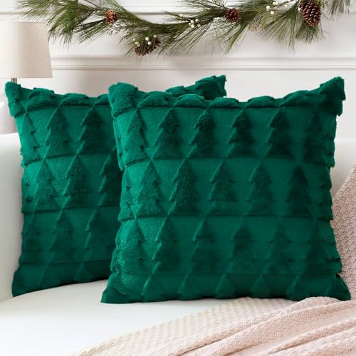 Artscope 2er Set Wolle Kissenbezüge Weicher Plüsch Kurzer Wollsamt Dekokissenbezuge Sofakissen Europäische Kissenhülle für Sofa Schlafzimmer Weihnachtsbaum Grün, 45x45cm