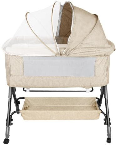 Berceau Cododo avec Matelas et Moustiquaire, Maille Respirante, Moustiquaire, 2 in 1 Lit Bébé Cododo pour Les Bébés de 0 à 36 Mois Pliable -104*52*100-110 cm (4 niveaux de hauteur) - blanc cassé